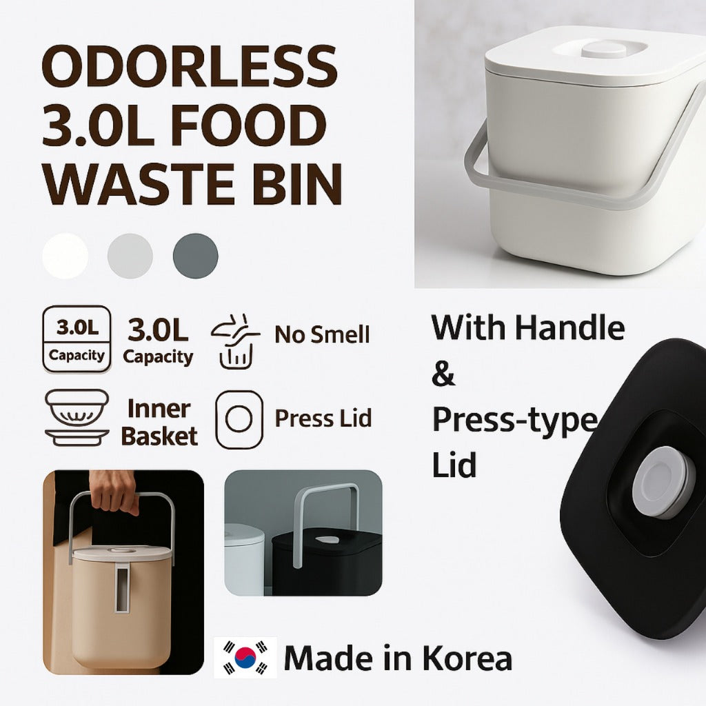 3L Food Waste Bin with Press Lid & Strainer | Compact | Made in Korea