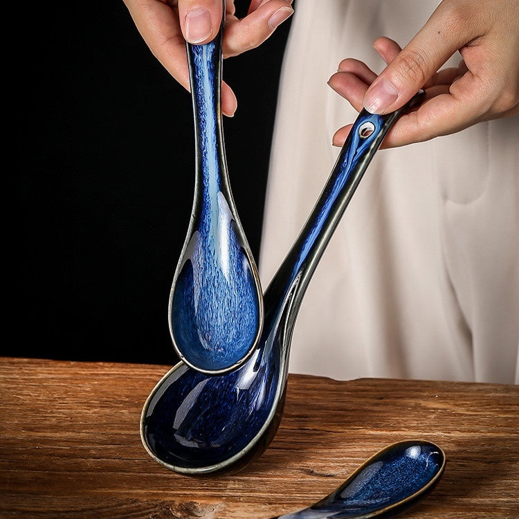 Asian Style Ceramic Soup Spoon | Long Handle | Ramen, Pho, Hot Pot Use