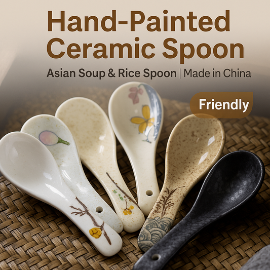 Asian Style Ceramic Soup Spoon | Long Handle | Ramen, Pho, Hot Pot Use